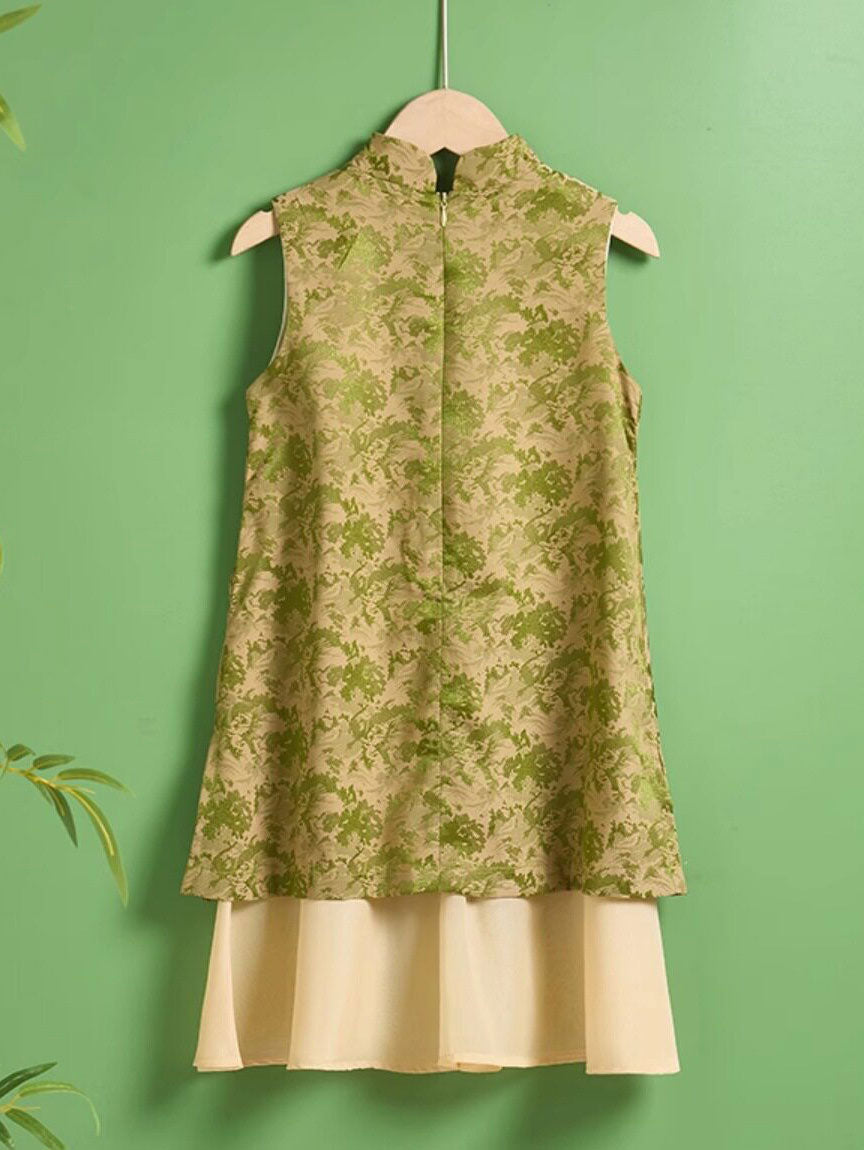 Green Jacquard Kids Girls Qipao Cheongsam Dress