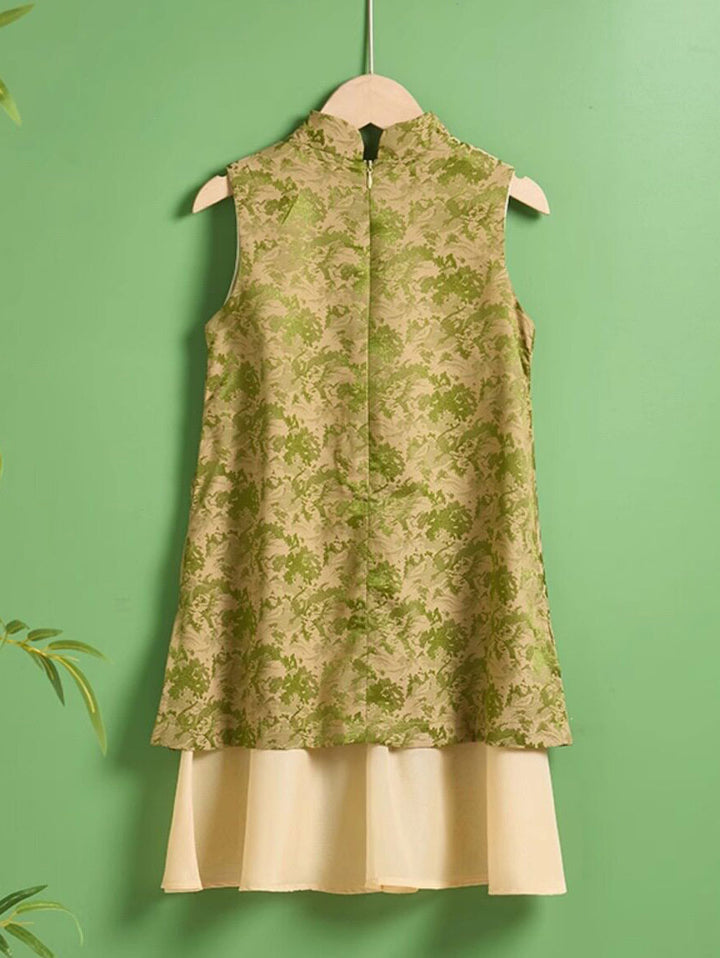 Green Jacquard Kids Girls Qipao Cheongsam Dress