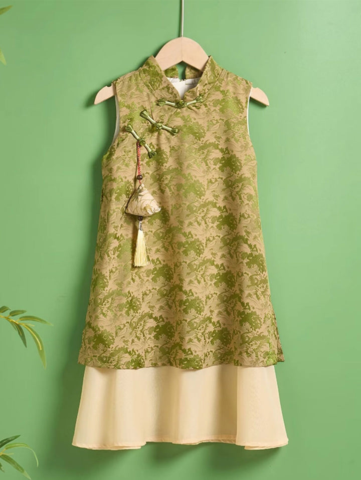 Green Jacquard Kids Girls Qipao Cheongsam Dress