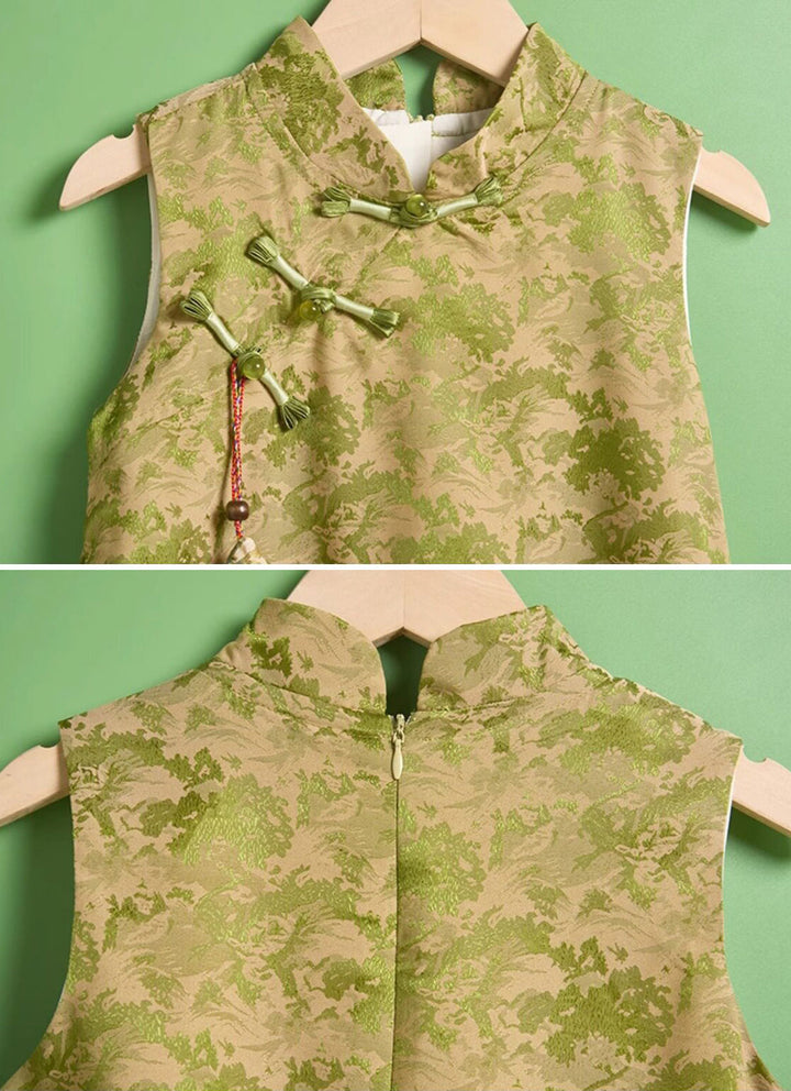 Green Jacquard Kids Girls Qipao Cheongsam Dress