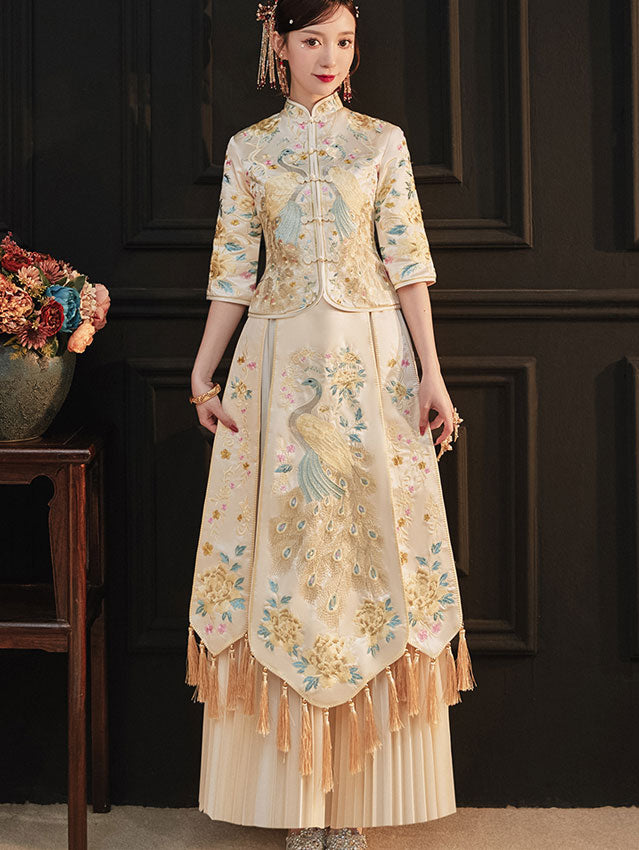 Champagne Embroidered Wedding Bridal Qun Kwa with Pleated Skirt