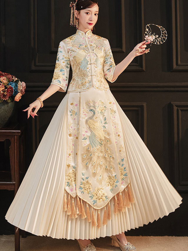 Champagne Embroidered Wedding Bridal Qun Kwa with Pleated Skirt
