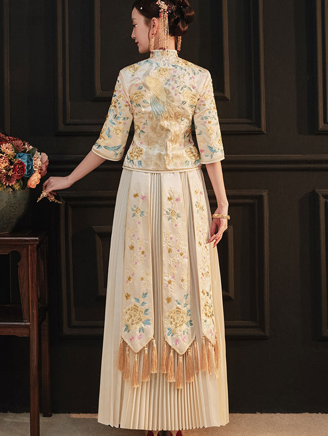 Champagne Embroidered Wedding Bridal Qun Kwa with Pleated Skirt