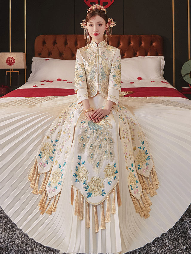 Champagne Embroidered Wedding Bridal Qun Kwa with Pleated Skirt