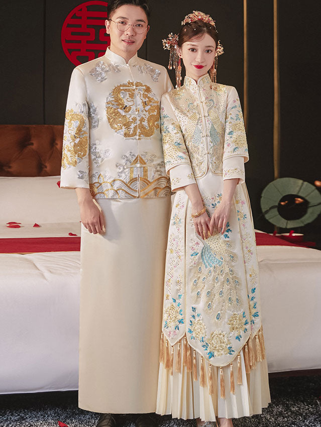 Champagne Embroidered Wedding Bridal Qun Kwa with Pleated Skirt