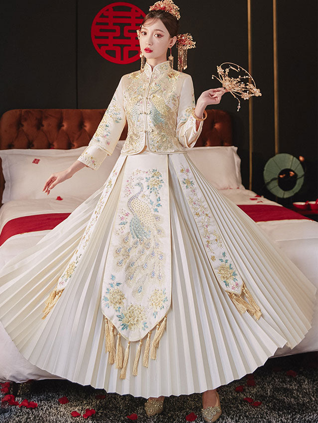 Champagne Embroidered Wedding Bridal Qun Kwa with Pleated Skirt