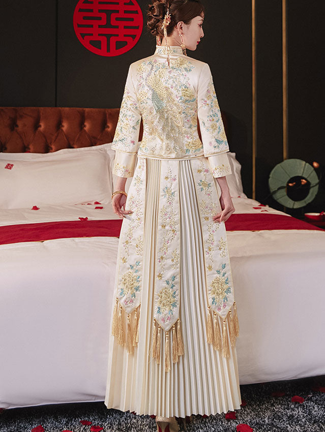Champagne Embroidered Wedding Bridal Qun Kwa with Pleated Skirt