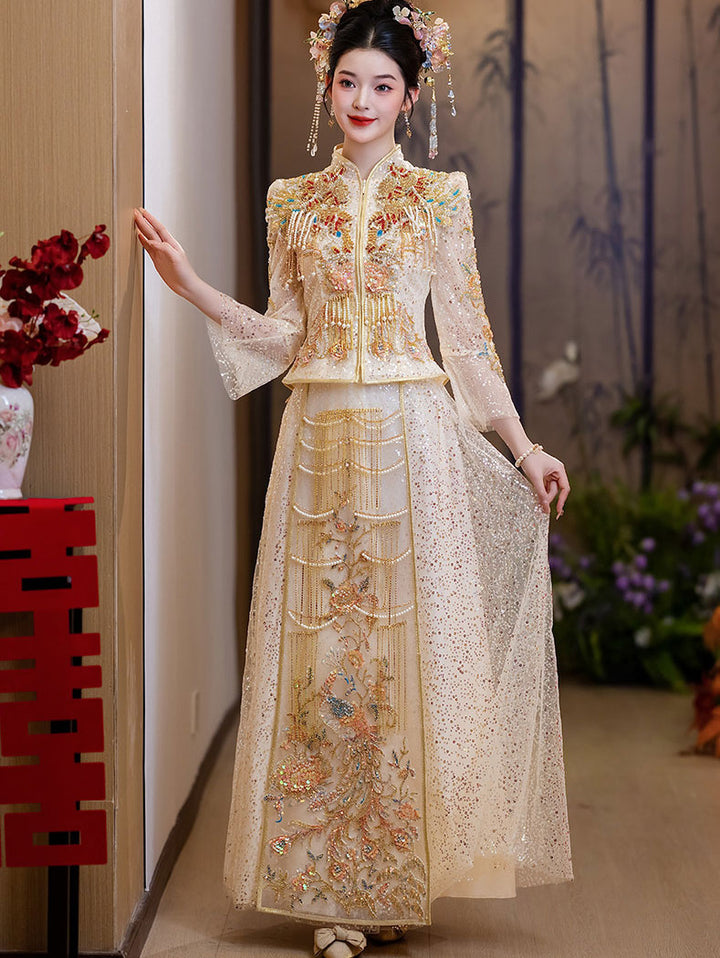 Champagne Filmsy Summer Embroidered Wedding Qun Kwa & Skirt