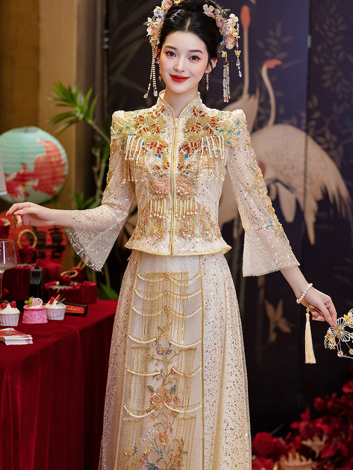 Champagne Filmsy Summer Embroidered Wedding Qun Kwa & Skirt