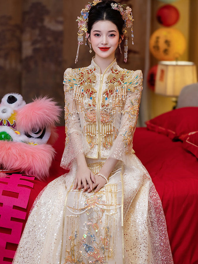 Champagne Filmsy Summer Embroidered Wedding Qun Kwa & Skirt