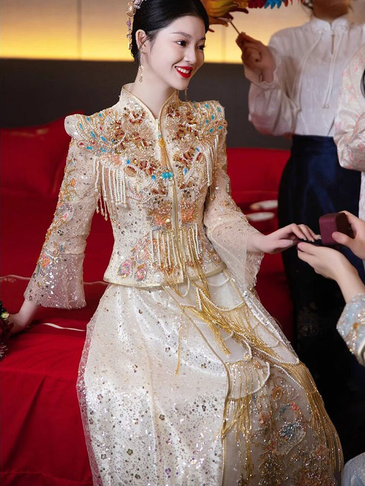 Champagne Filmsy Summer Embroidered Wedding Qun Kwa & Skirt