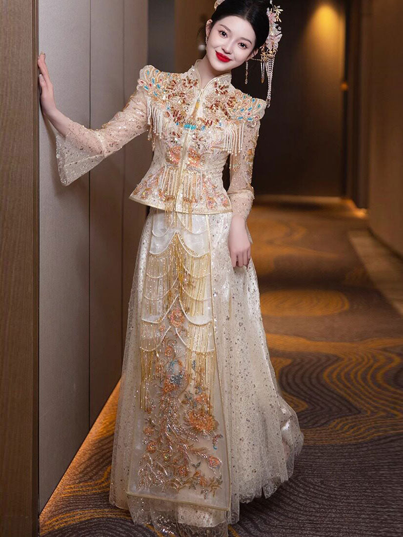 Champagne Filmsy Summer Embroidered Wedding Qun Kwa & Skirt