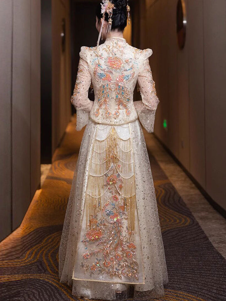 Champagne Filmsy Summer Embroidered Wedding Qun Kwa & Skirt
