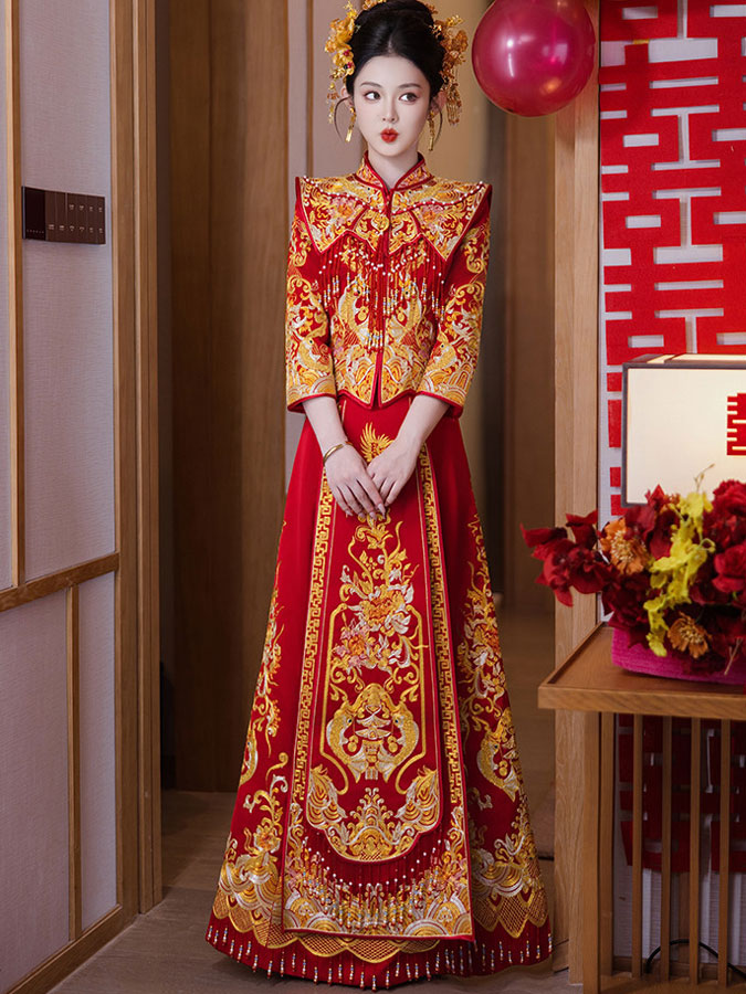Red Embroidered Dragon Phoenix Wedding Bride Qun Kwa Outfit