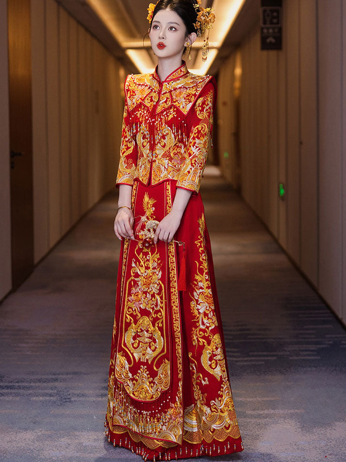 Red Embroidered Dragon Phoenix Wedding Bride Qun Kwa Outfit