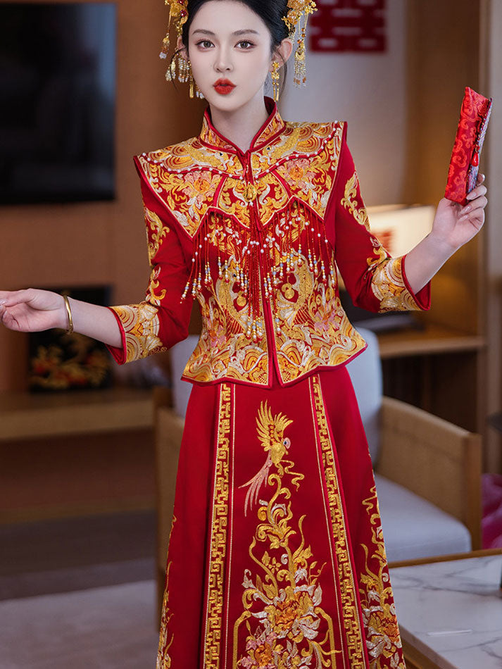 Red Embroidered Dragon Phoenix Wedding Bride Qun Kwa Outfit