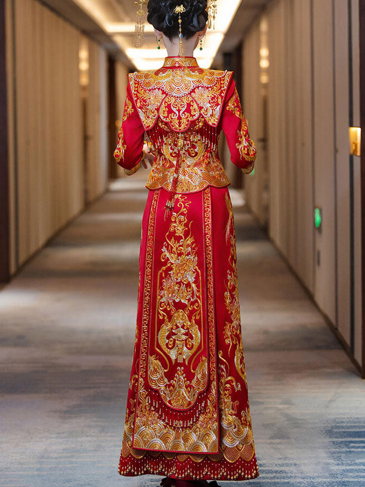 Red Embroidered Dragon Phoenix Wedding Bride Qun Kwa Outfit