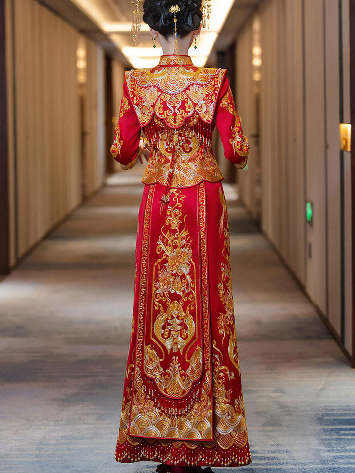 Red Embroidered Dragon Phoenix Wedding Bride Qun Kwa Outfit