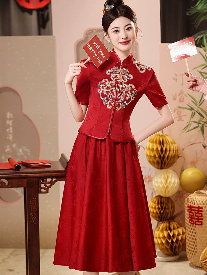2 Pieces Modern Wedding Bridal Top & Midi Skirt Xiuhe