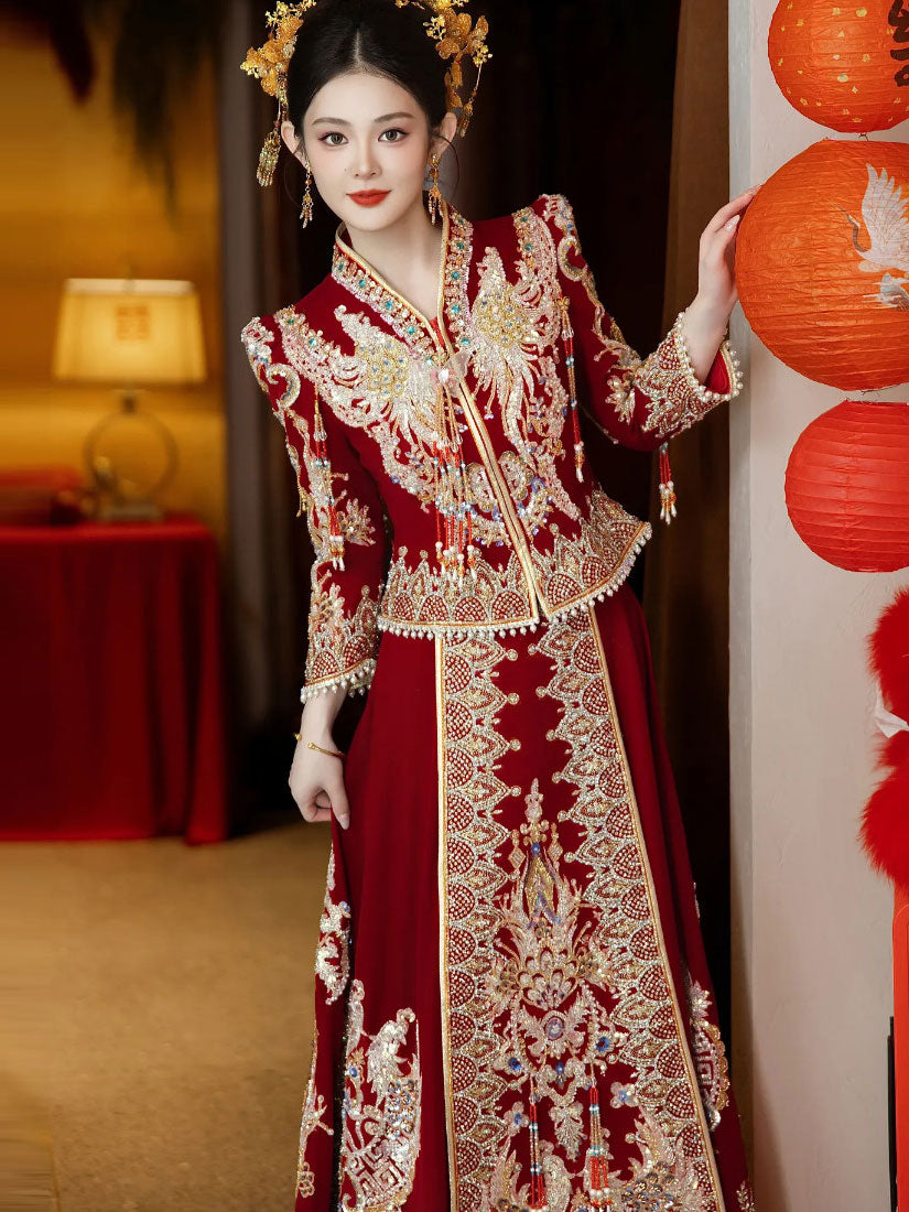 Winter Traditional Chinese Wedding Bridal Beads Qun Gua Outfits