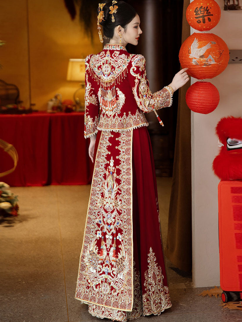 Winter Traditional Chinese Wedding Bridal Beads Qun Gua Outfits
