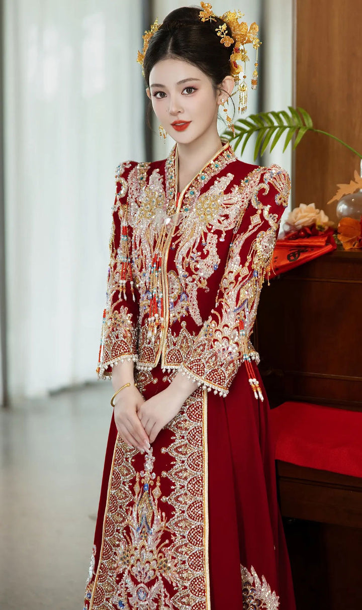Winter Traditional Chinese Wedding Bridal Beads Qun Gua Outfits