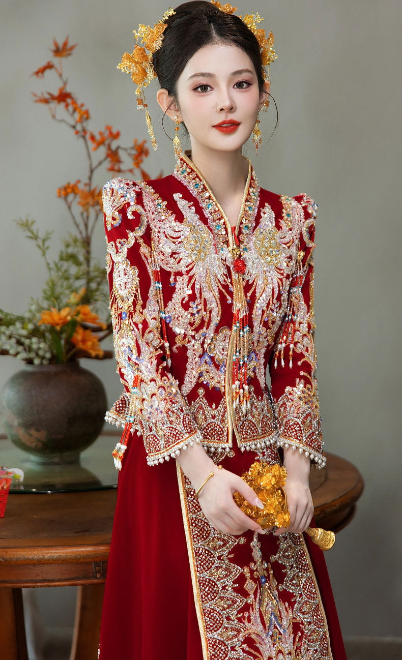 Winter Traditional Chinese Wedding Bridal Beads Qun Gua Outfits