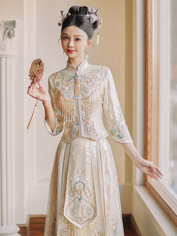 Exquisite Champagne Sequins Wedding Bridal Qun Gua Outfit