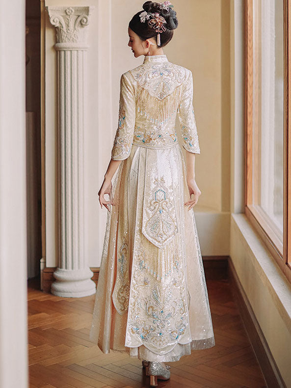 Exquisite Champagne Sequins Wedding Bridal Qun Gua Outfit
