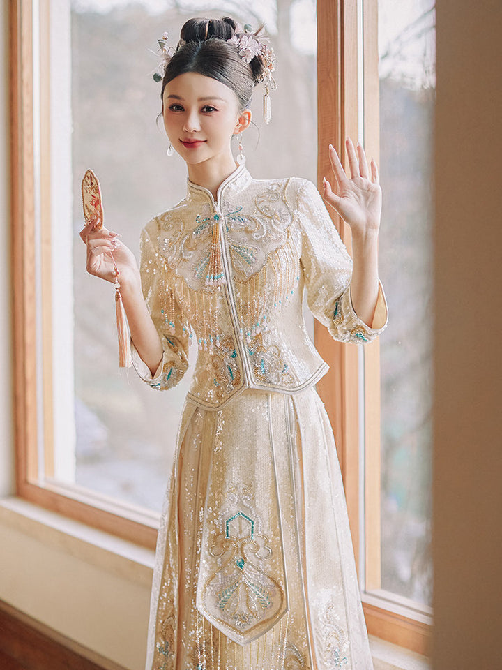 Exquisite Champagne Sequins Wedding Bridal Qun Gua Outfit