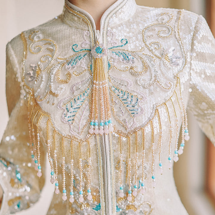 Exquisite Champagne Sequins Wedding Bridal Qun Gua Outfit