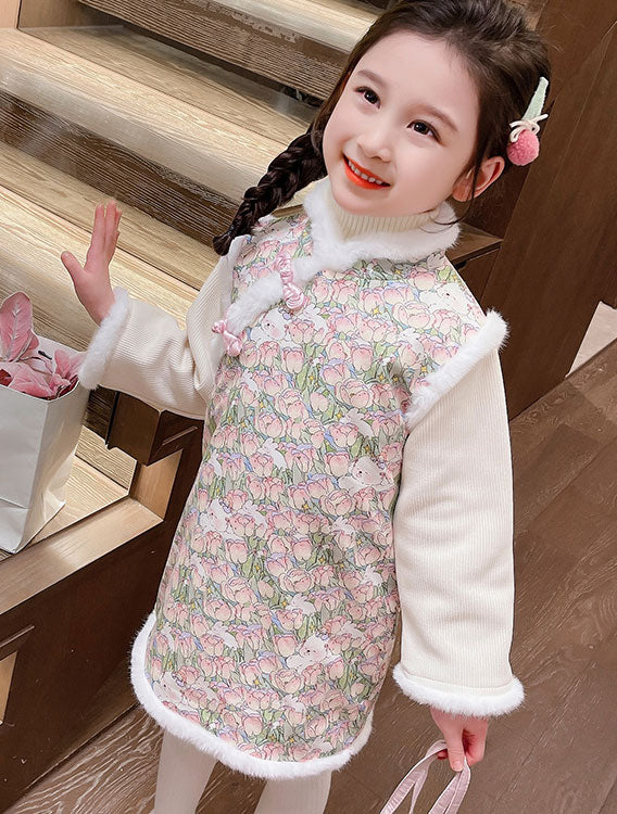 Baby Girls Floral Print Winter Qipao Cheongsam Dress