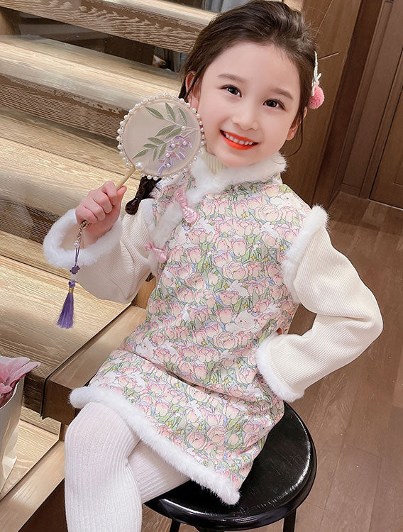 Baby Girls Floral Print Winter Qipao Cheongsam Dress