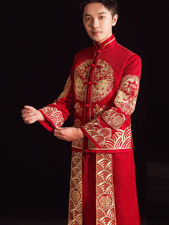 Embroidered Dragon Men Wedding Qun Kwa Jacket & Skirt