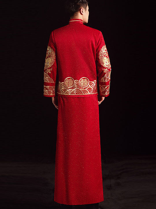 Embroidered Dragon Men Wedding Qun Kwa Jacket & Skirt