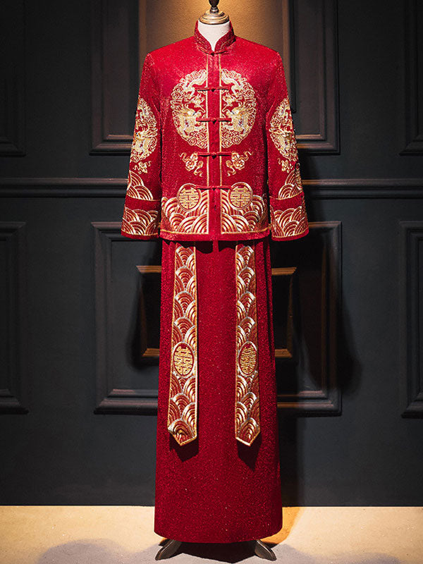 Embroidered Dragon Men Wedding Qun Kwa Jacket & Skirt