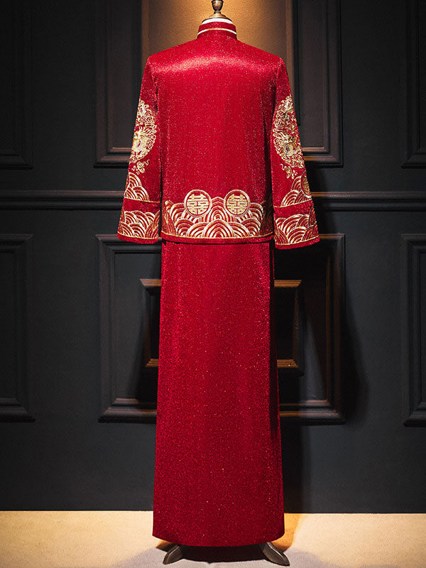 Embroidered Dragon Men Wedding Qun Kwa Jacket & Skirt