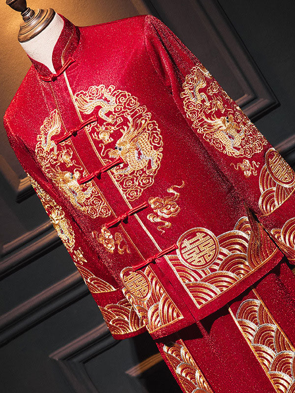Embroidered Dragon Men Wedding Qun Kwa Jacket & Skirt