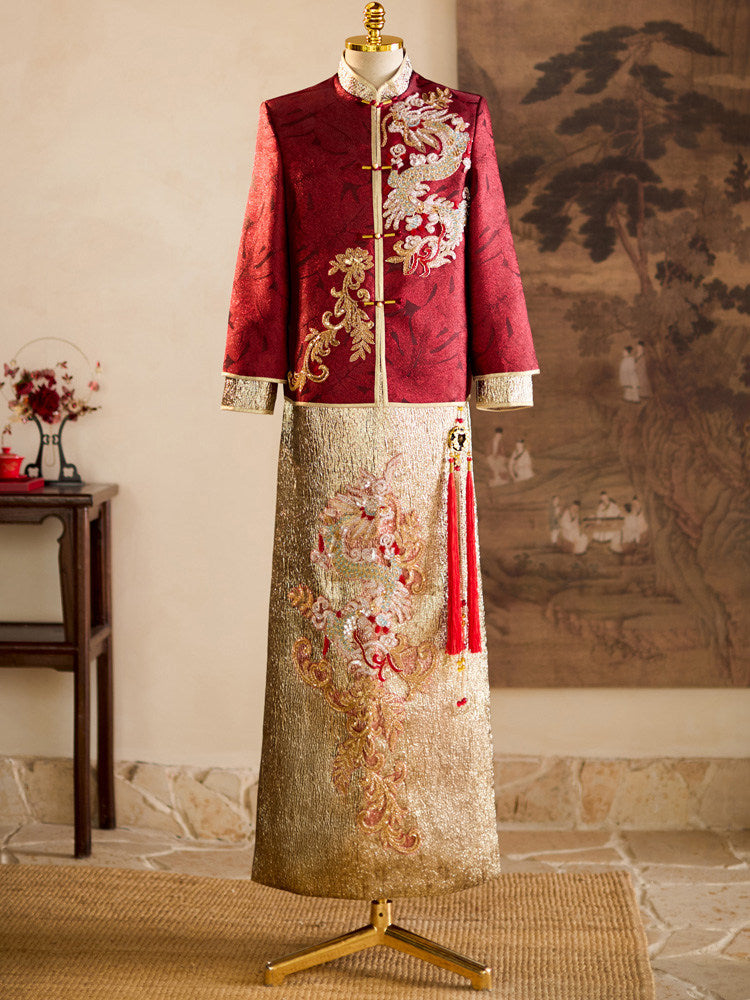 2026 Colorblock Beads Dragon Wedding Man Qun Gua Jacket & Skirt