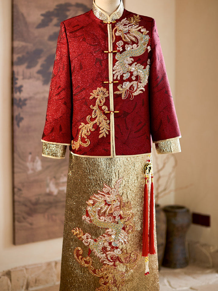 2026 Colorblock Beads Dragon Wedding Man Qun Gua Jacket & Skirt