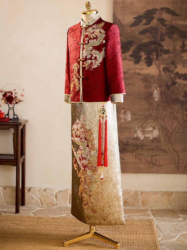 2026 Colorblock Beads Dragon Wedding Man Qun Gua Jacket & Skirt