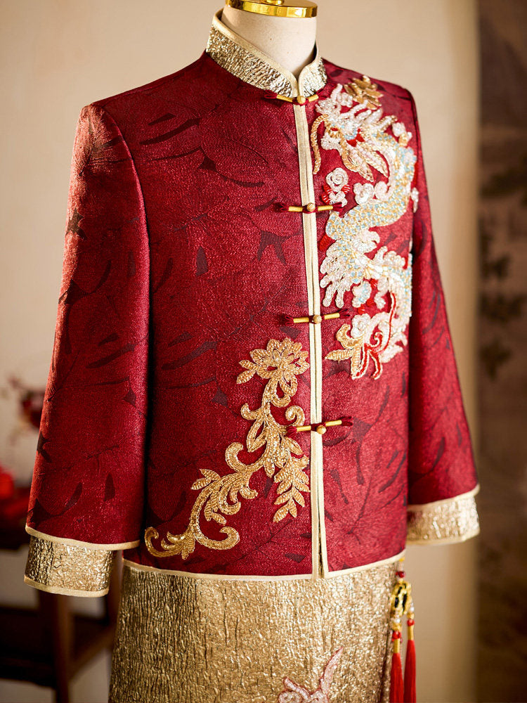 2026 Colorblock Beads Dragon Wedding Man Qun Gua Jacket & Skirt