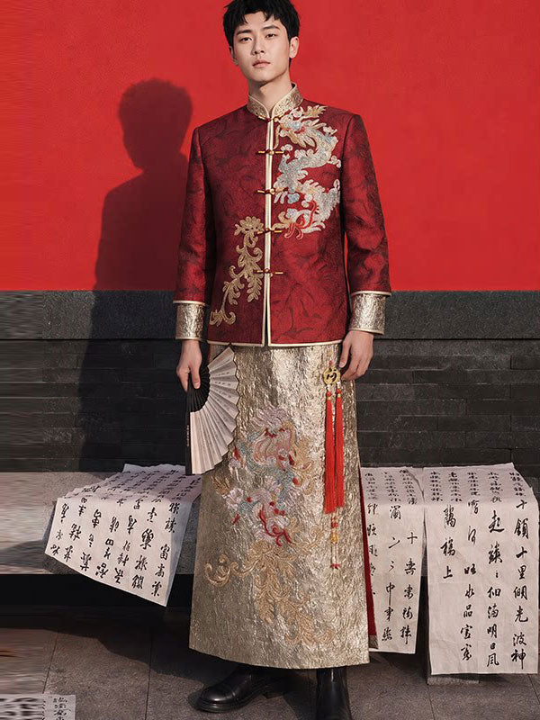 2026 Colorblock Beads Dragon Wedding Man Qun Gua Jacket & Skirt