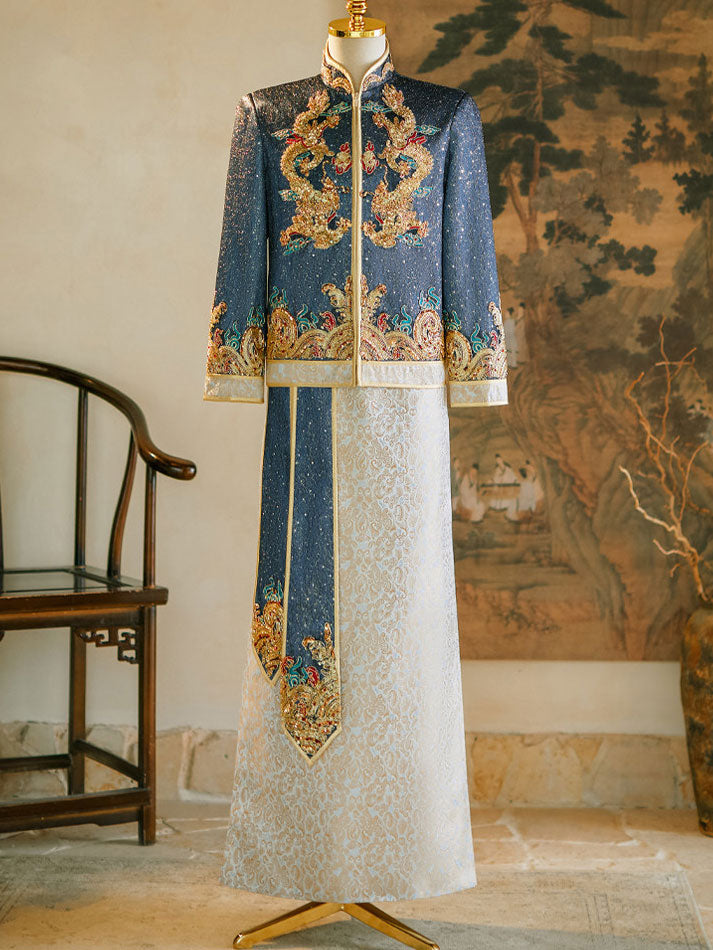 Shimmer Sequins Dragon Men Wedding Qun Kwa Jacket & Skirt