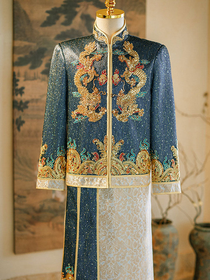 Shimmer Sequins Dragon Men Wedding Qun Kwa Jacket & Skirt