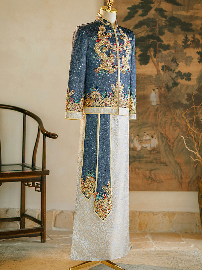 Shimmer Sequins Dragon Men Wedding Qun Kwa Jacket & Skirt
