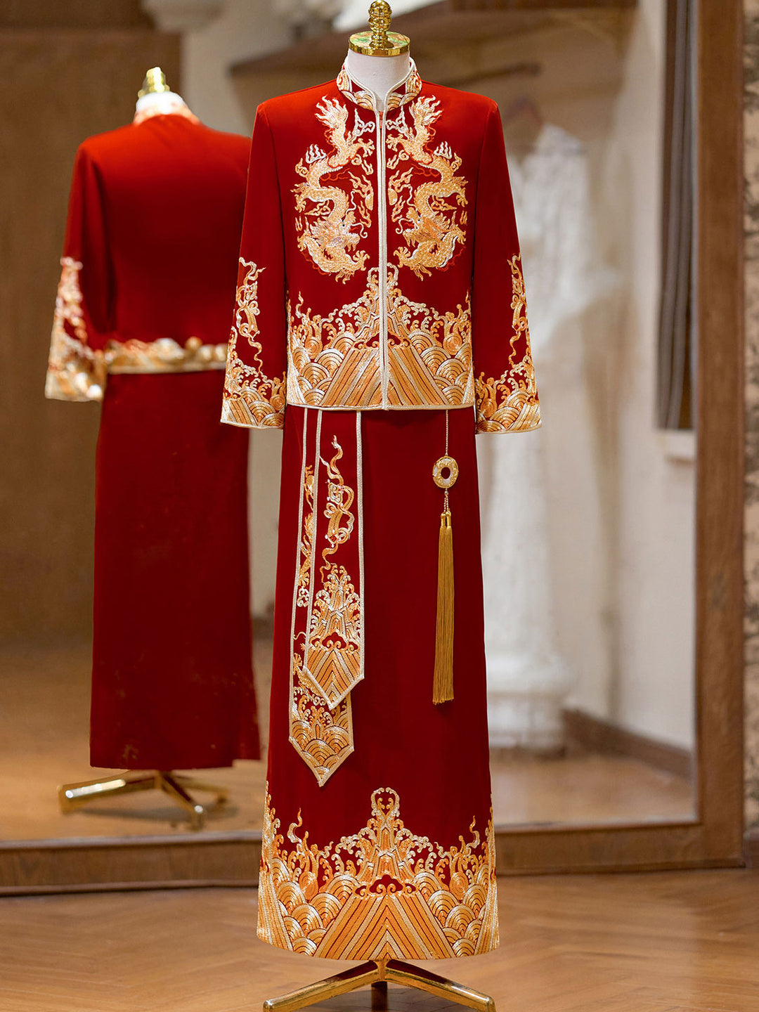 Embroidered Dragon Men Wedding Qun Kwa Jacket & Skirt
