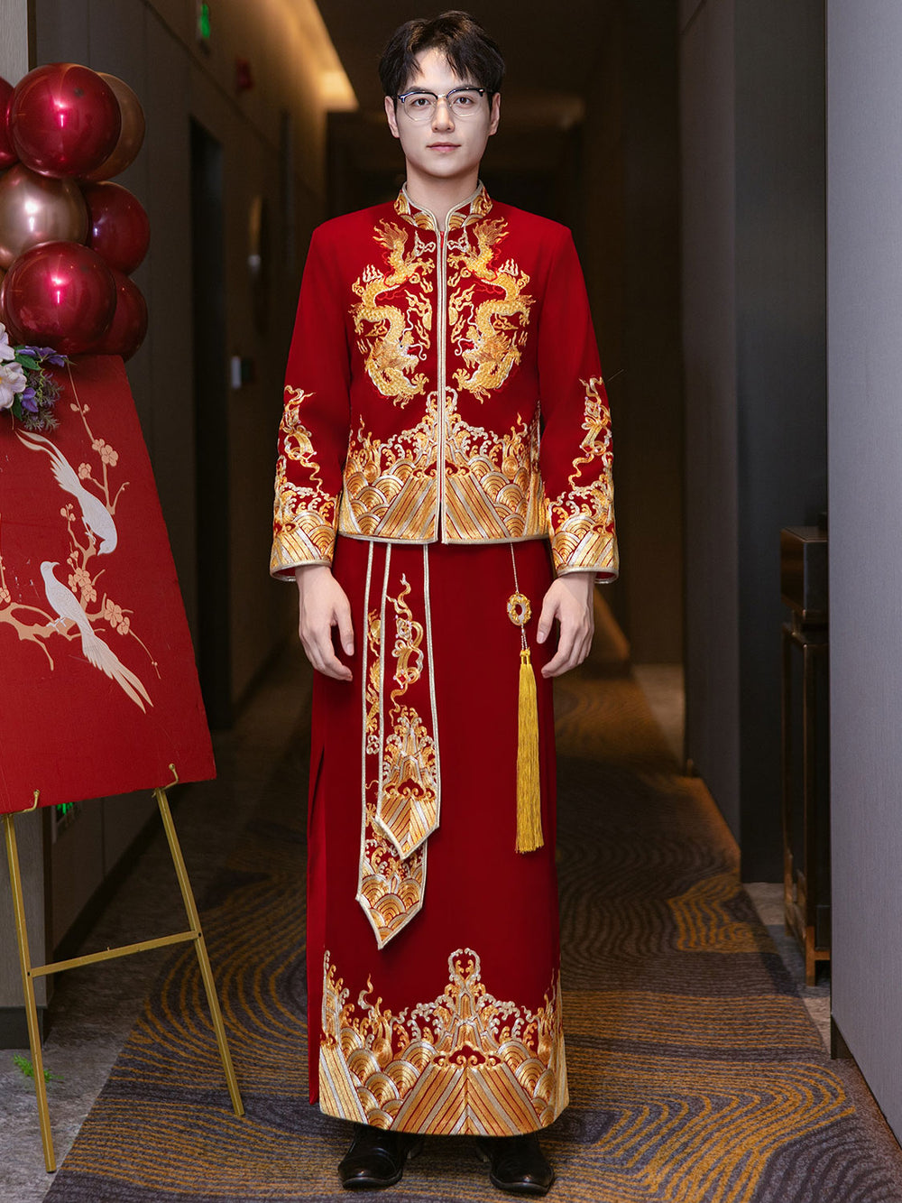 Embroidered Dragon Men Wedding Qun Kwa Jacket & Skirt
