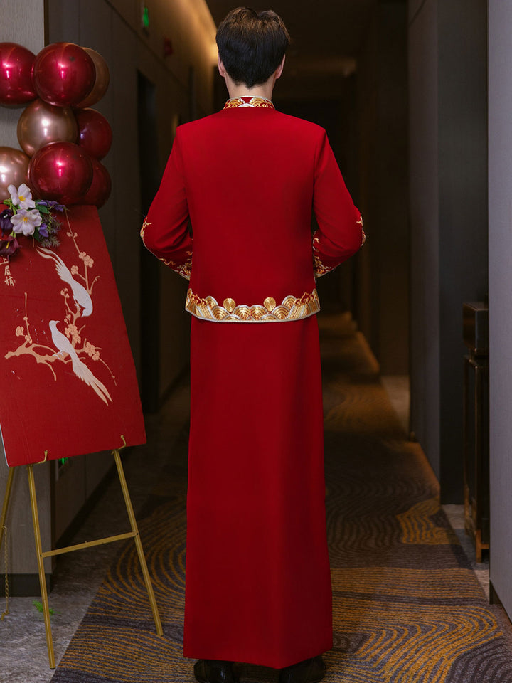Embroidered Dragon Men Wedding Qun Kwa Jacket & Skirt