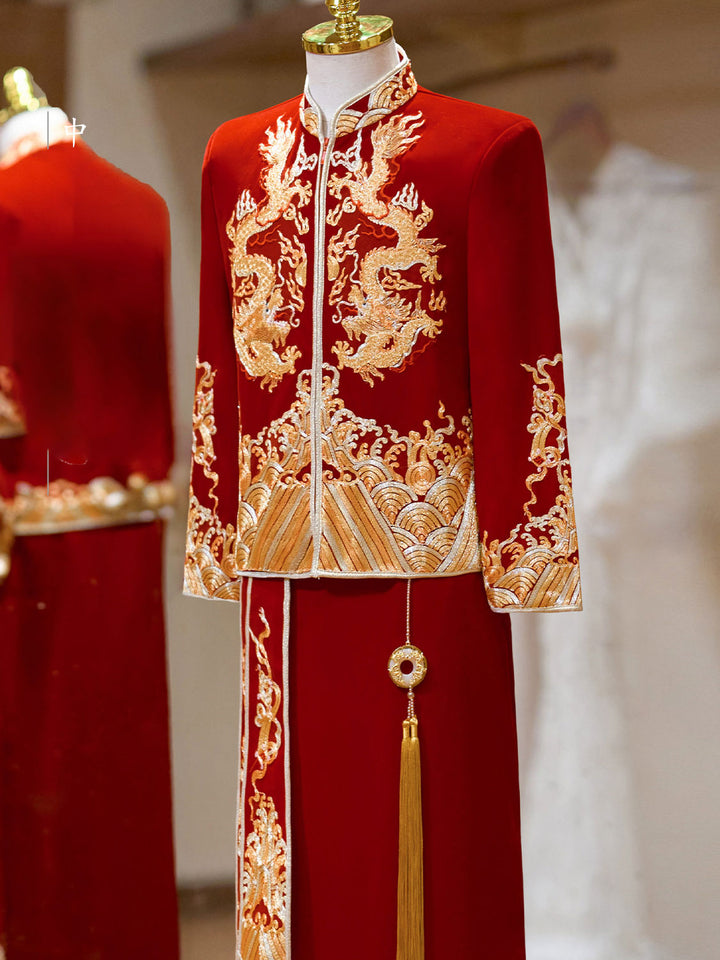 Embroidered Dragon Men Wedding Qun Kwa Jacket & Skirt